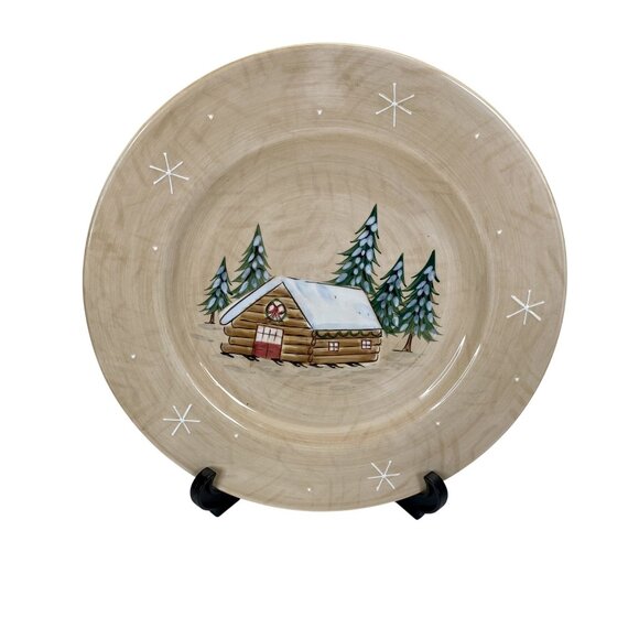 Ceramic Winter Scene Dinner Plate 11" Beige With Cabin & Snowflakes - Picture 3 of 4
